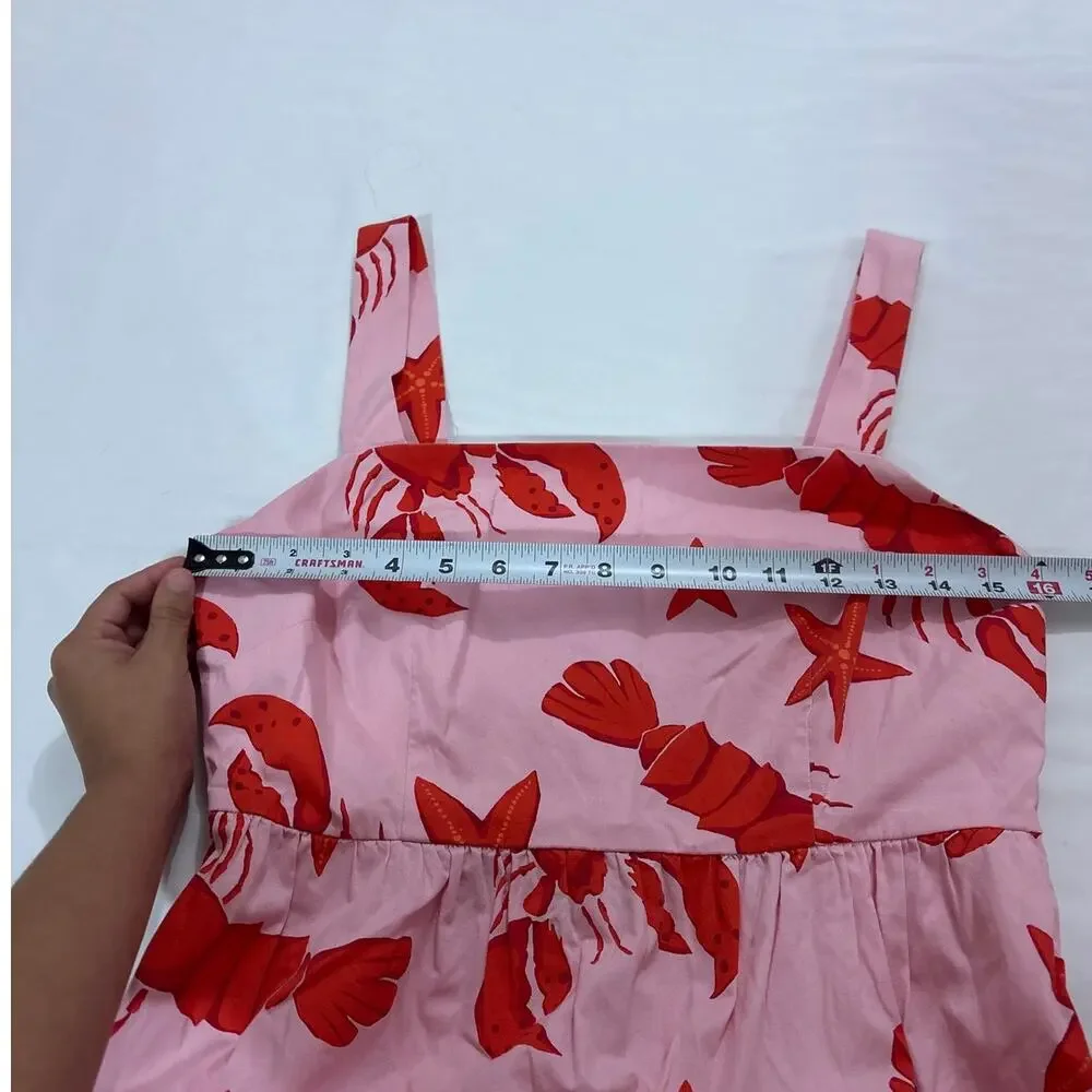 J.Crew Womens 6 Pink Red Lobster Print Tiered Midi Dress Vacation Girly Beachy